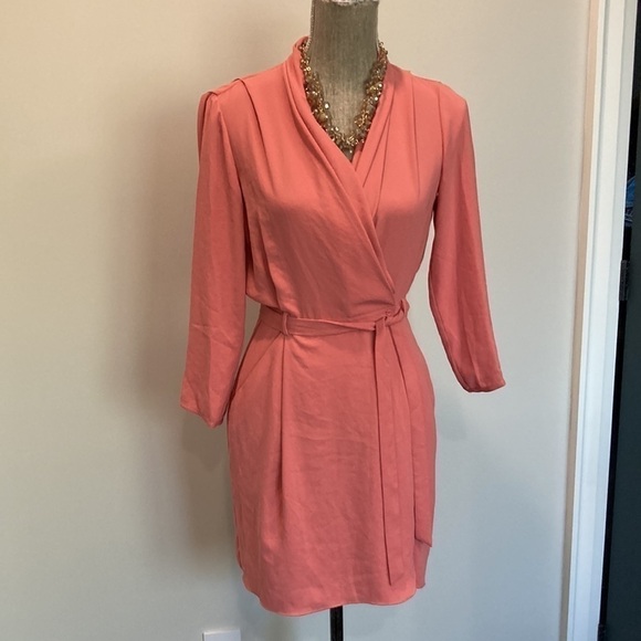 Aritzia Wilfred Wrap Dress Belted Mini Franca Coral Pink Long Sleeve - Picture 2 of 10